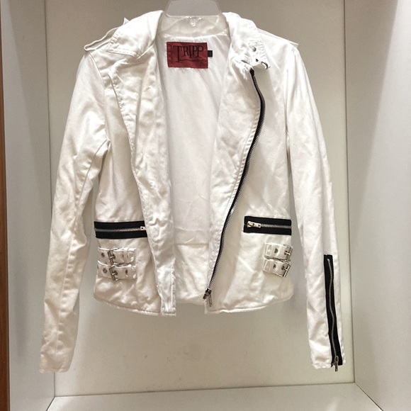 TRIPP NYC LG. WHITE & BLACK BIKER/MOTO JACKET~ZIPPERS, STRAPS, STUDS & CLASPS - Picture 3 of 15